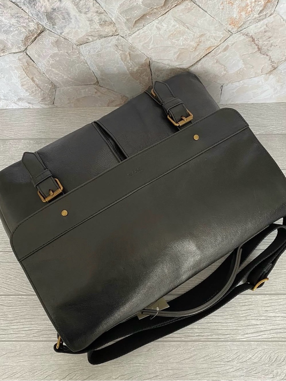 Fossil Black Leather Double-Buckle Messenger Bag - Picture 6 of 7